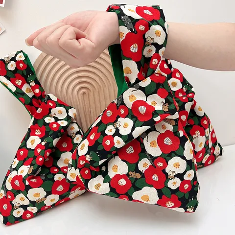 Japanese Knot Wristlet Bag Cotton Fabric Camellia Flower Cat Print Small Handbag Phone Pouch Coin Purse For Women