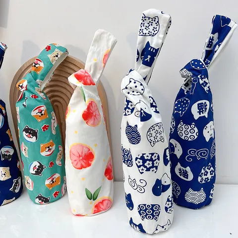 Custodia Protettiva per Tazza d'Acqua in Tela Stile Giapponese Con Manico Nodo da Polso Fondo Tondo Borsa per Trasporto Portatile per Uso Quotidiano