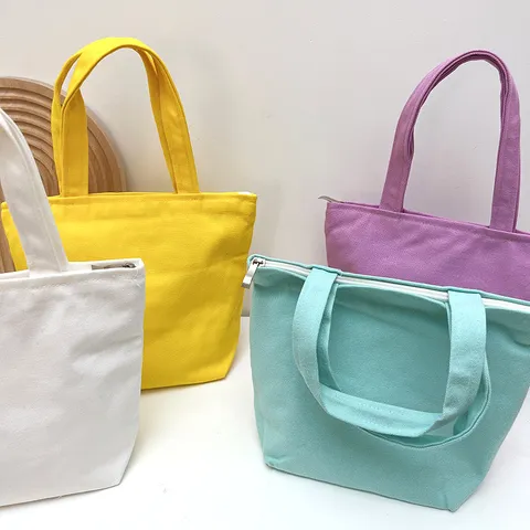 Einfarbig Segeltuch Lunch Bag Für Studenten Tragbare Reißverschluss Handtasche Mini Kosmetik Aufbewahrungstasche Quadratisch Tragtasche