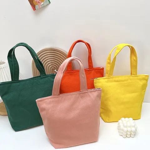 Einfarbig Segeltuch Lunch Bag Für Studenten Tragbare Reißverschluss Handtasche Mini Kosmetik Aufbewahrungstasche Quadratisch Tragtasche