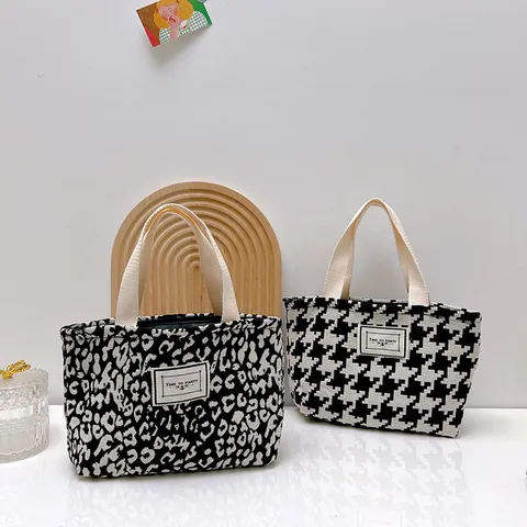 Bolso de Mano Mini de Lona Retro Pata de Gallo Estampado de Leopardo Minimalista Urbano Bolso Cuadrado Cremallera para Mujer