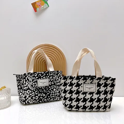 Bolso de Mano Mini de Lona Retro Pata de Gallo Estampado de Leopardo Minimalista Urbano Bolso Cuadrado Cremallera para Mujer
