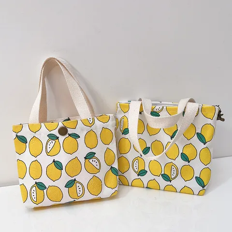 Bolso de Mano de Lona con Estampado de Limón para Mujer Bolsa de Almacenamiento de Algodón Espesado con Cremallera Botón para Llaves