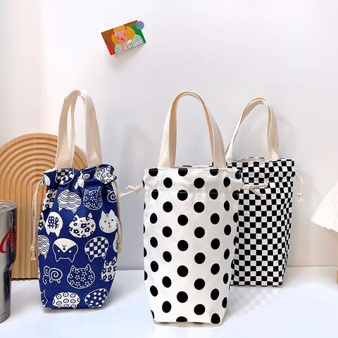 Cartoon Canvas Wasserflaschenbeutel Tragbare Kordelzug Tasse Ärmel Halter Handheld Reise Regenschirm Tasche Thermobecher Hülle Für Außen Täglich Aufbewahrung Organisation