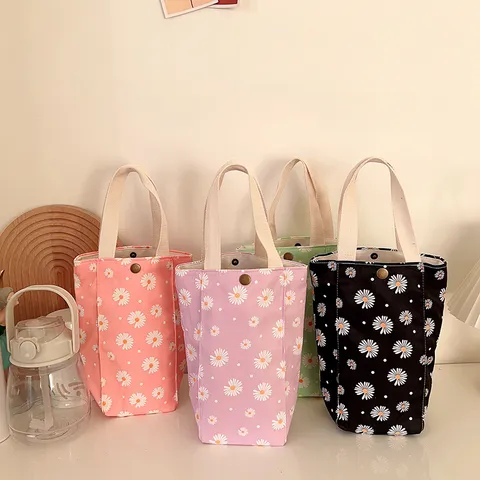 Sac pour Bouteille d'Eau en Toile Portable Mignon Pochette de Support de Fourre-Tout Imprimé Floral Marguerite Avec Poignée Bouton Pression Pour Voyage