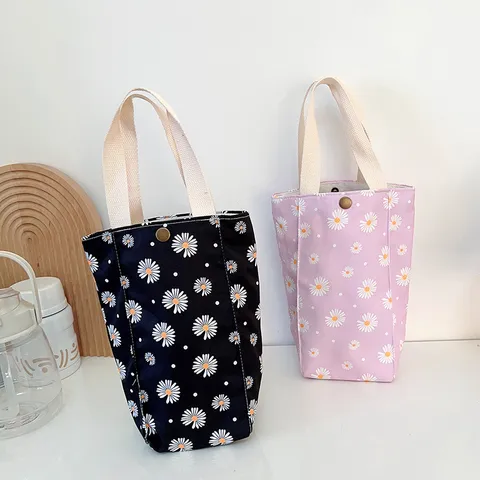 Sac pour Bouteille d'Eau en Toile Portable Mignon Pochette de Support de Fourre-Tout Imprimé Floral Marguerite Avec Poignée Bouton Pression Pour Voyage