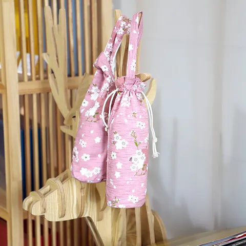 Japanische Kirschblüte Canvas Wasserflaschentasche Isolierte Becher Handtasche Rosa Floral Kordelzug Tragbare Schutzhülle Tasche