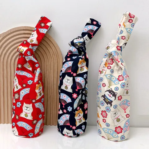 Custodia per Termos in Tela Stile Giapponese Cartone Animato Shiba Inu Stampato Borsa Protettiva per Bottiglia d'Acqua Con Manico a Nodo