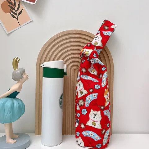 Custodia per Termos in Tela Stile Giapponese Cartone Animato Shiba Inu Stampato Borsa Protettiva per Bottiglia d'Acqua Con Manico a Nodo