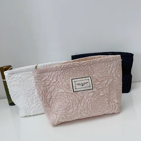 Vintage Rose Jacquard Cosmetic Bag Portable Travel Makeup Organizer Pouch Cotton Zipper Handbag For Women Daily Storage