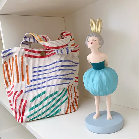 Mode Kontrastfarbe Cord Handtasche Kleine Frische Gestreifte Lunch-Tasche Damen Täglich Pendeln Tragbare Lagerung Tote Tasche
