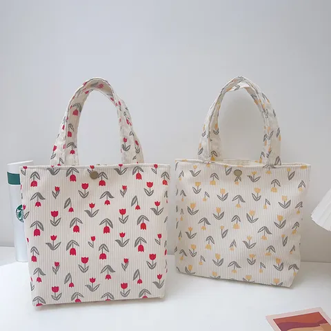 Women Corduroy Tulip Floral Handbag Literary Style Commuter Bento Bag For Students Office Workers Casual Tote Bag Snap Closure
