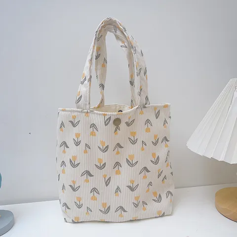 Women Corduroy Tulip Floral Handbag Literary Style Commuter Bento Bag For Students Office Workers Casual Tote Bag Snap Closure