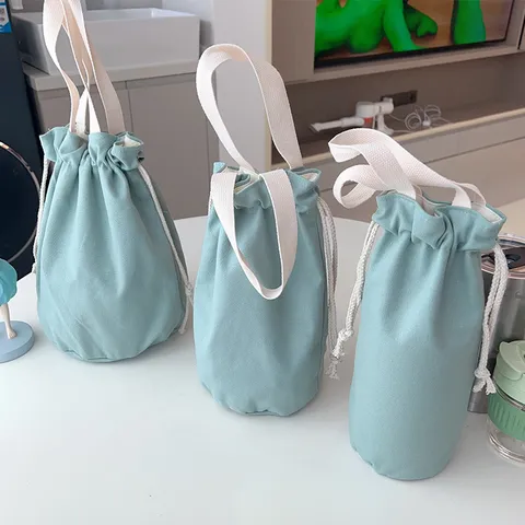 Canvas Wasserbecher Tasche Handheld Kordelzug Thermoisolierte Flaschenhülle Tragbare Lunchtasche Einfarbig Macaron Farbe Küche Aufbewahrungsbeutel