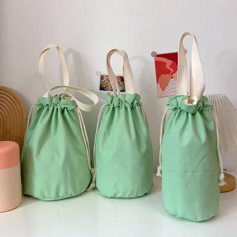 Canvas Wasserbecher Tasche Handheld Kordelzug Thermoisolierte Flaschenhülle Tragbare Lunchtasche Einfarbig Macaron Farbe Küche Aufbewahrungsbeutel