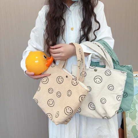 Retro Cordsamt Leinwand Tragetasche Damen Handtasche Große Kapazität Lächeln Gesicht Floral Kuhmuster Schachbrett Tasche