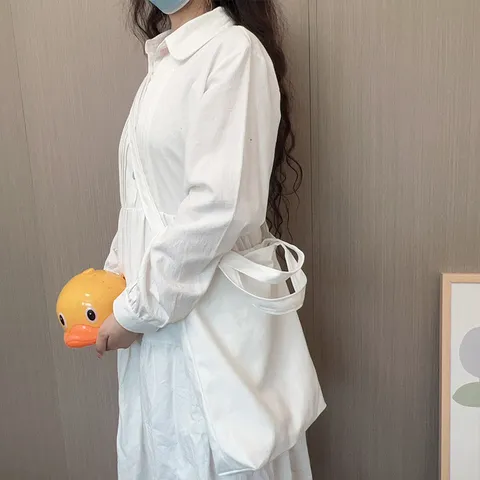 Minimalist White Canvas Tote Bag For Women Dual Handle Crossbody Shoulder Bag Student Office DIY Printing Blank Handbag
