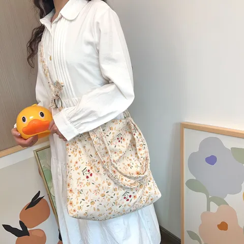 Retro Cord Damen Umhängetasche Frische Umhängetasche Studenten Schultasche Lässige Mode Tragetasche Mit Blumenmuster