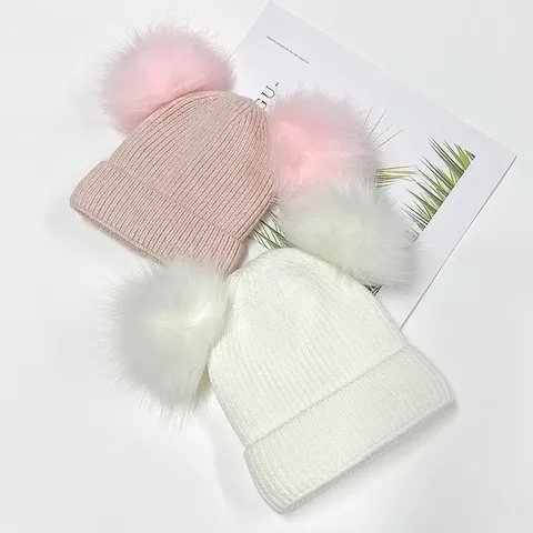 Cute Family Matching Autumn Winter Acrylic Knit Beanie Hat Fleece Lined Warm Dual Pom-Poms Ribbed Cuffed Brimless Skull Cap For Women Toddler Kids