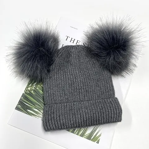 Cute Family Matching Autumn Winter Acrylic Knit Beanie Hat Fleece Lined Warm Dual Pom-Poms Ribbed Cuffed Brimless Skull Cap For Women Toddler Kids