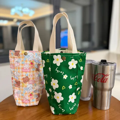 Portable Canvas Water Bottle Carrier Bag Cartoon Floral Printed Cup Sleeve Handbag For Umbrella Milk Bottle Outdoor Travel Bag