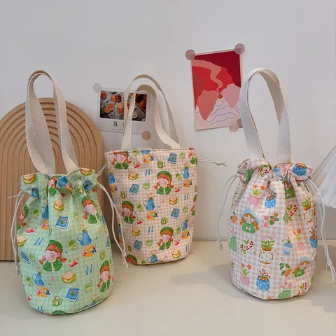 Damen Süße Cartoon Leinwand Kordelzug Tasche Gittermuster Einkaufstasche Zum Pendeln Isolierte Tassenhülle Tragbare Aufbewahrungstasche