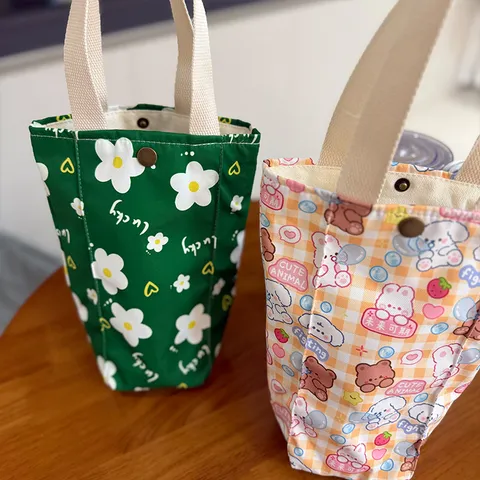 Portable Canvas Water Bottle Carrier Bag Cartoon Floral Printed Cup Sleeve Handbag For Umbrella Milk Bottle Outdoor Travel Bag
