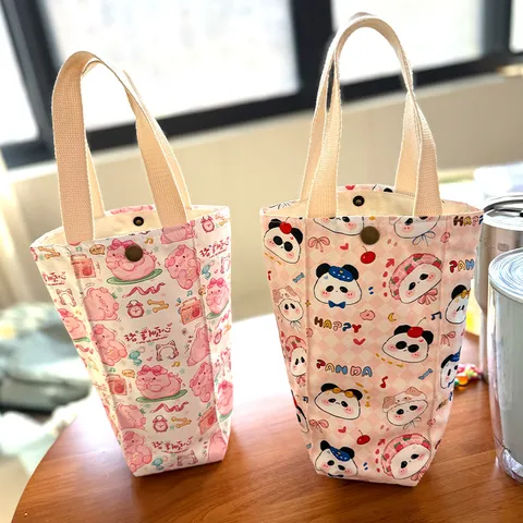 Süße Cartoon Segeltuch Wasserflaschentasche Tragbare Isolierte Getränkehalter Handtasche Für Damen Kinder Tägliche Outdoor Reisen Wasserflaschenbeutel