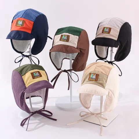 Kinder Patchwork Farbe Fliegermütze Vliesfutter Ohrenklappe Winter Warm Winddicht Bomber Aviator Mütze Für Jungen Mädchen Outdoor Ski Kappe