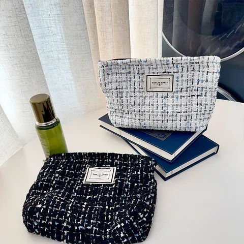 Elegant Tweed Makeup Bag Large Capacity Portable Cosmetic Organizer Travel Toiletries Storage Clutch Purse For Women Everyday
