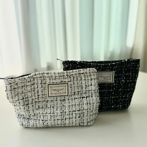 Elegant Tweed Makeup Bag Large Capacity Portable Cosmetic Organizer Travel Toiletries Storage Clutch Purse For Women Everyday