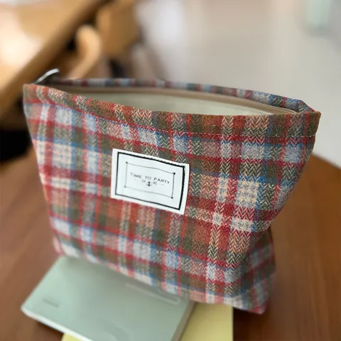 Vintage Plaid Wool Tweed Cosmetic Bag For Women Portable Makeup Storage Pouch Travel Toiletry Wash Bag Large Capacity Clutch Bag