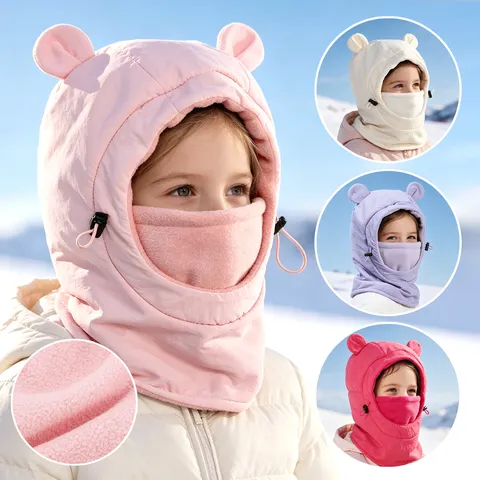 Kids Balaclava Hat Fleece Lined Winter Windproof Warm Hooded Scarf Cartoon Bear Ears Ear Neck Protection Outdoor Skiing Cap