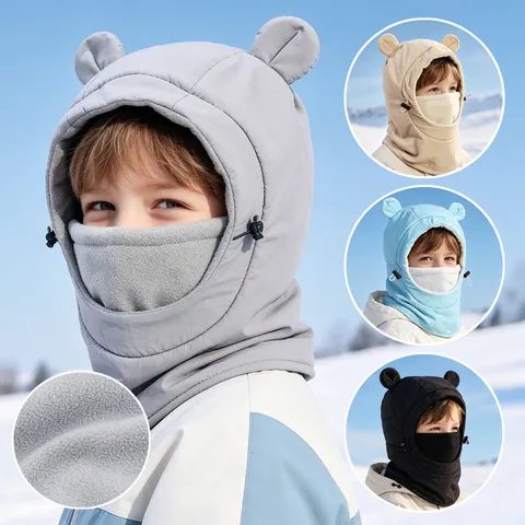 Kids Balaclava Hat Fleece Lined Winter Windproof Warm Hooded Scarf Cartoon Bear Ears Ear Neck Protection Outdoor Skiing Cap