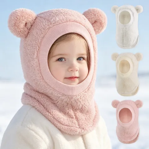 Cute Bear Ears Baby Hooded Scarf Hat Winter Warm Windproof Integrated Cap Soft Cotton Plush Earflap Hat For Toddler Kids