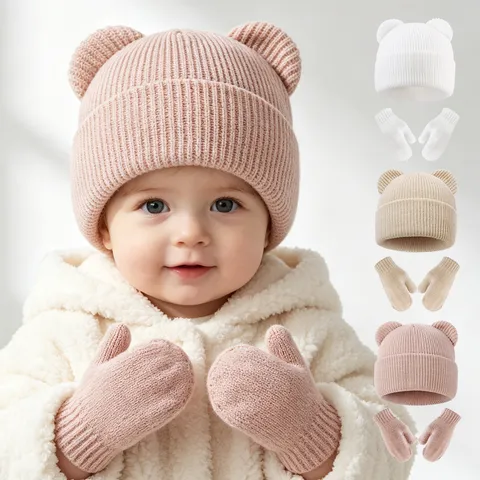 Baby Winter Strickmütze Und Handschuhe Set Bärenohren Beanie Warm Winddicht Säugling Kleinkind Outdoor Kaltes Wetter Zubehör