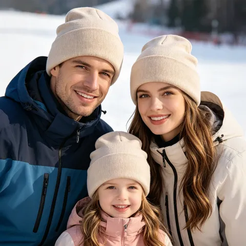 Minimalist Solid Ribbed Knit Beanie Hat Acrylic Warm Cuffed Brimless Round Top Outdoor Winter Parent-Child Skull Cap For Kids Adults Universal