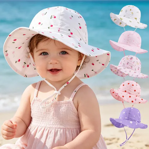 Cappello da Pescatore Sole per Neonata Bambina Stampa Floreale Frutta Cotone Regolabile Cinturino Antivento Bambini Berretto Estivo