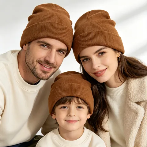 Minimalist Solid Ribbed Knit Beanie Hat Acrylic Warm Cuffed Brimless Round Top Outdoor Winter Parent-Child Skull Cap For Kids Adults Universal