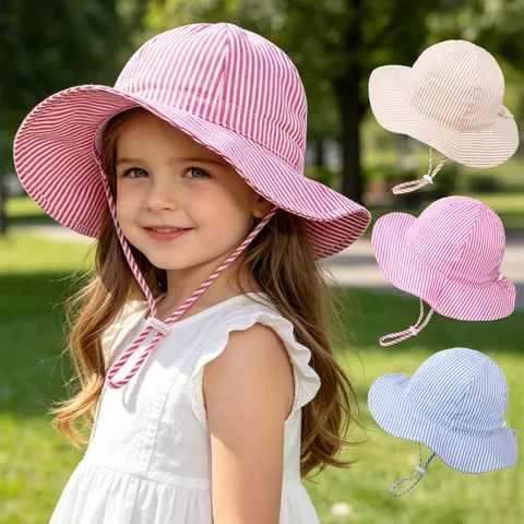 Kids Adjustable Bucket Hat Children Summer Sun Protection Hat For Boys Girls Outdoor Breathable Cotton Striped Solid Sun Hat Beach Fisherman Cap