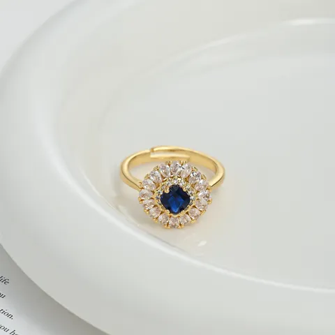 18K Gold Plated Copper Micro Inlaid Zirconia Open Ring For Women Light Luxury Devil's Eye Blue Stone Adjustable Cluster Ring Jewelry