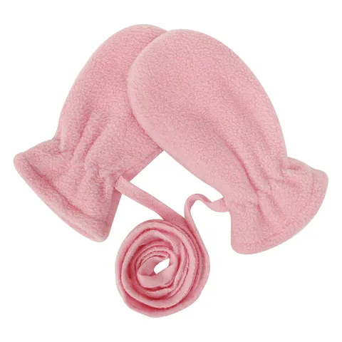 Cute Kids Winter Warm Polar Fleece Mittens Solid Color Anti-Lost Hanging Neck String Outdoor Full Finger Gloves For Toddler Baby Children Accessories