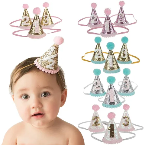 Cappello da Festa di Compleanno per Bambini Cerchietto per Capelli Neonato Glitter Paillettes Mini Cappello a Cono Con Pompon Accessori per Capelli da Principessa per Oggetti di Scena Fotografici