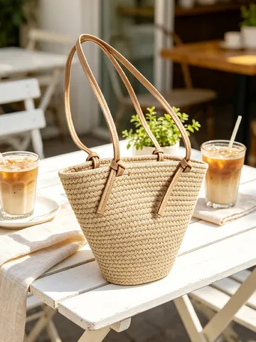 Damen Koreanischer Stil Gewebte Beuteltasche Große Kapazität Minimalistische Schultertasche Für Urlaub Pendeln Strand Handtasche