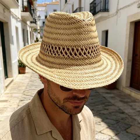 Chapeau de Cowboy en Paille Tissé à la Main Homme Extérieur Plage Large Bord Protection Solaire Respirant