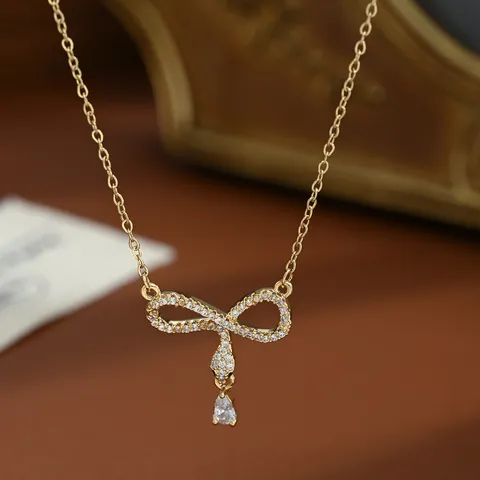 Micro-set Rhinestone Bowknot Pendant Necklace For Women Copper Real Gold Plated Elegant Dainty Clavicle Chain Choker Boutique Jewelry