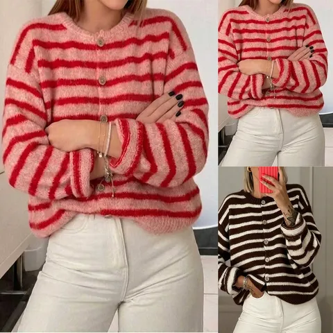 Women's Casual Striped Long Sleeve Knitted Cardigan Crew Neck Single Breasted Button Sweater Coat Outerwear