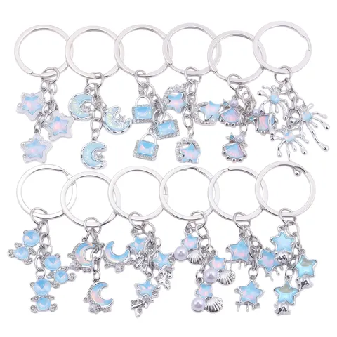 Fashion Alloy Crystal Star Moon Keychain Sweet Cool Cute Bag Pendant Rhinestone Artificial Pearl Key Ring Jewelry Gift