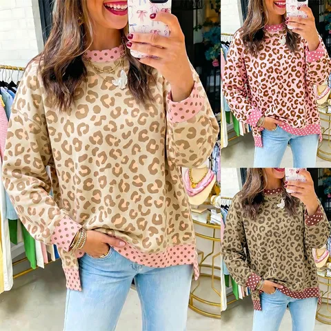 Dames Casual Ronde Hals Lange Mouw Sweatshirt Luipaard En Stippen Kleurblok Losse Trui Top