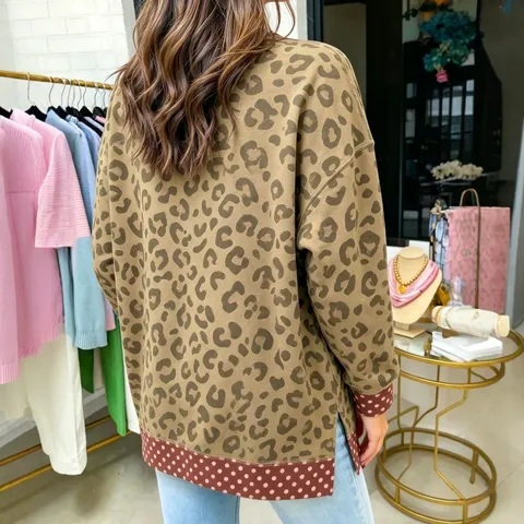 Dames Casual Ronde Hals Lange Mouw Sweatshirt Luipaard En Stippen Kleurblok Losse Trui Top